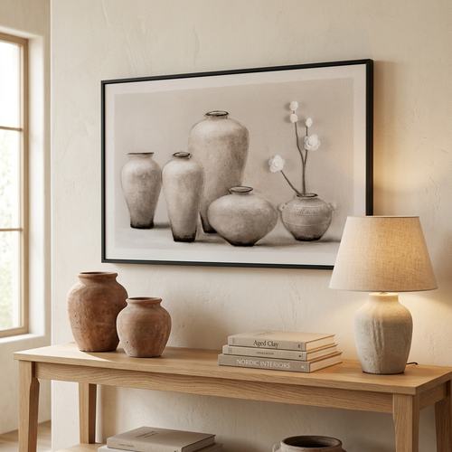 Rustic Earth Tone Vase & Floral Relief Framed Canvas Art