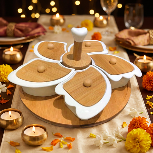 Elegant Flower Serving Set with Wooden Carrying Handle & Bamboo Tray