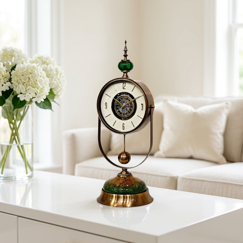 Regal Antique Clock with Skeletal Gear Dial & Emerald Pedestal