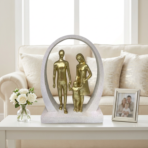 Golden Family of Three Sculpture with Oval Ring Frame