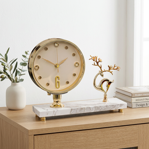 Gold Table Clock & Deer Figurine on Marble Base