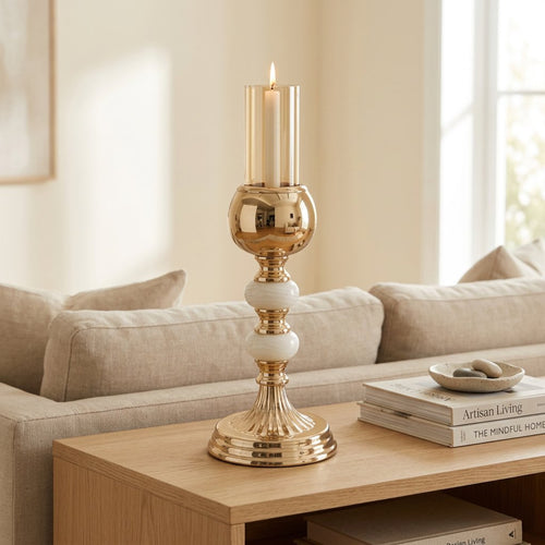 Modern Dual Pale Jade Accent Gold Candle Stand