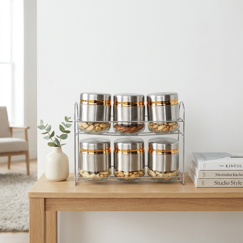 Elegant 6 Piece Glass Storage Jars with Stand 400 ml