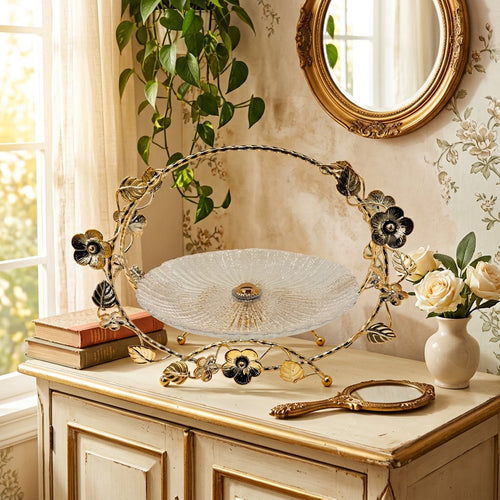 Luxe Gold Floral Frame Crystal Dessert Platter