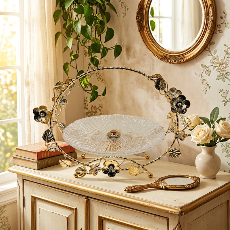 Luxe Gold Floral Frame Crystal Dessert Platter