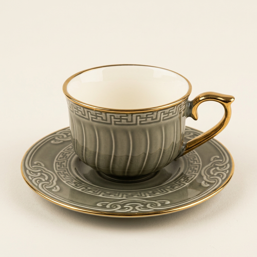 Fluted Charcoal Grey Cup & Saucer Set of 12