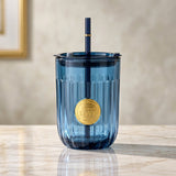 Modern Ribbed Blue Glass Tumbler with Straw (450 ML)