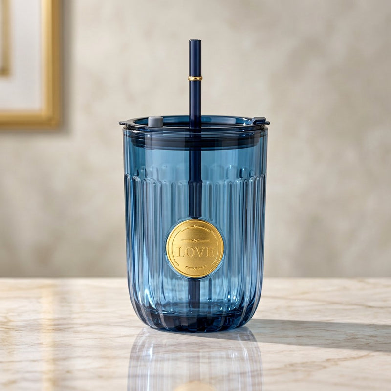 Modern Ribbed Blue Glass Tumbler with Straw (450 ML)