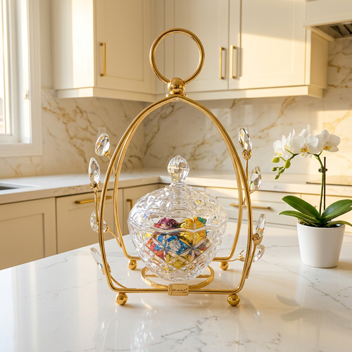 Crystal Glass Candy Jar in Gold Cage Frame