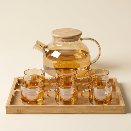 Borosilicate Kettle & Teacup Set with Wooden Tray 8 Piece Set