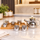 Modern Glass Mirror Finish Teapot and Cups Set with Tray  8 pcs