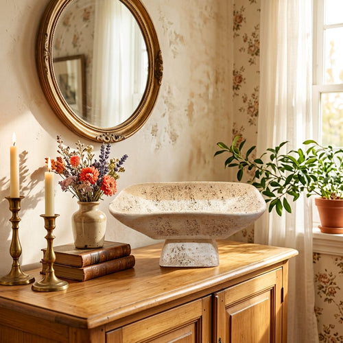 Elegant Travertine Square Pedestal Bowl