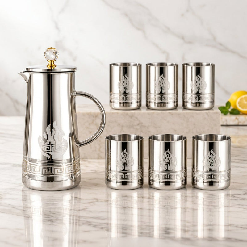 Modern Mirror Finish Pitcher and Glass 7 Piece Set