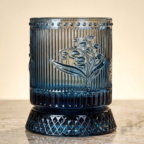 Luxury Blue Floral Embossed Rotating Glass (250 ML)