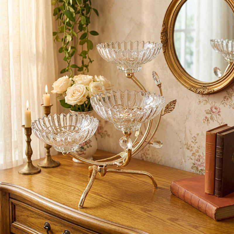 3-Tier Glass Serving Stand with Gold Metal Frame