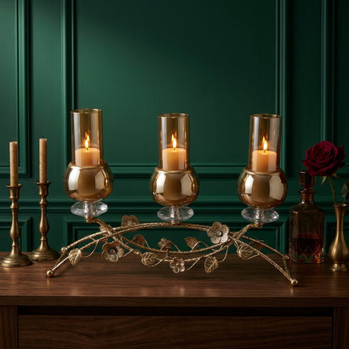 Gold Blossom Amber Glass 3 Piece Candle Holder