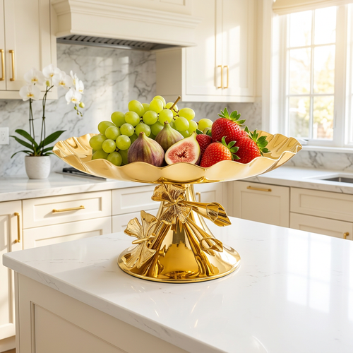 Gold Scalloped Pedestal Platter with Ginkgo Leaf Detail