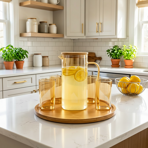 Amber Glass Pitcher Set with Revolving Wooden Tray 8 Piece
