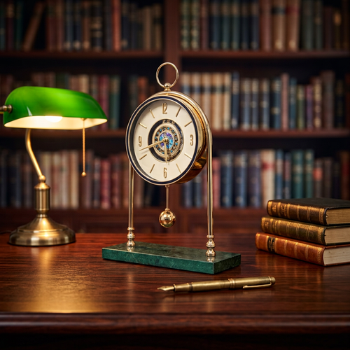 Modernist Gold Arched Desk Clock with Exposed Gear Dial