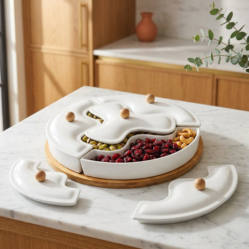 Elegant Covered Ceramic Serving Platter & Wooden Tray