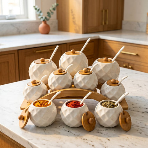 7-Piece Diamond-Textured Spice Jar Set with Wooden Arch Stand