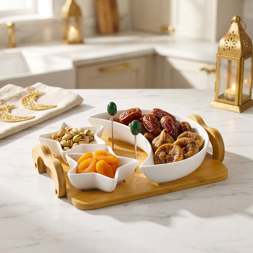 Celestial Crescent Moon & Star Serving Set with Wooden Tray