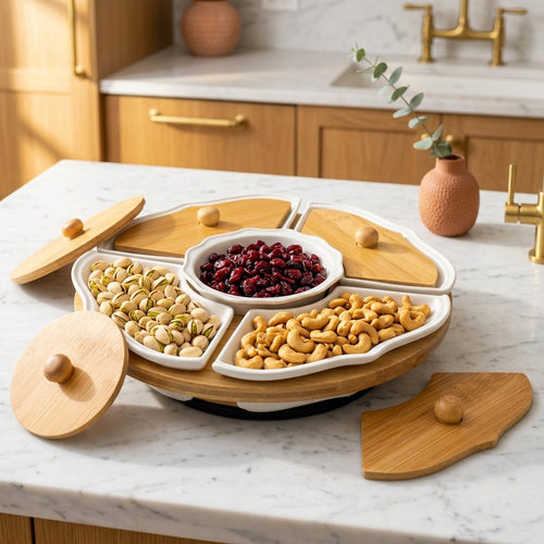 5 Piece Rotating Appetizer Set with Bamboo Lids & Tray
