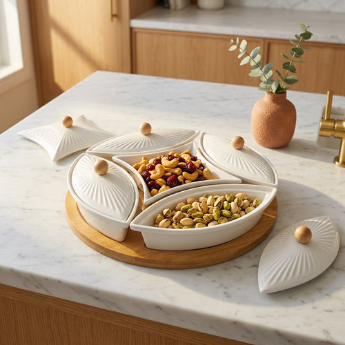 Elegant 5 Piece Covered Serving Set with Wooden Platter