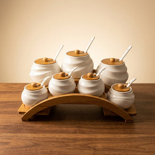 7-Piece Swirl-Textured Spice Jar Set with Wooden Arch Stand
