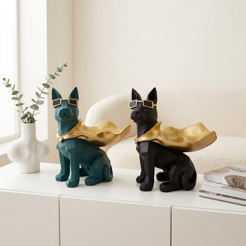 Modern Superhero Dog Statue with Gold Sunglasses & Cape