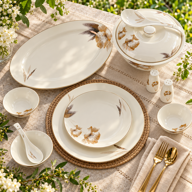 Amber Bloom & Gold Warm Ivory Sepia Floral Fine Dinner Set 39 Pcs