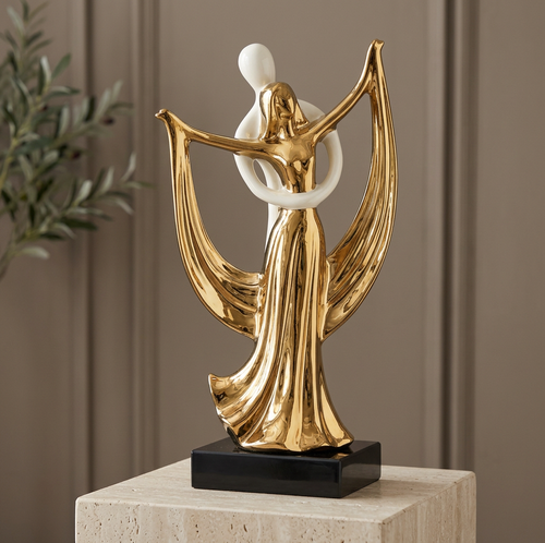 Embracing Dancing Couple Sculpture in Ivory & Gold
