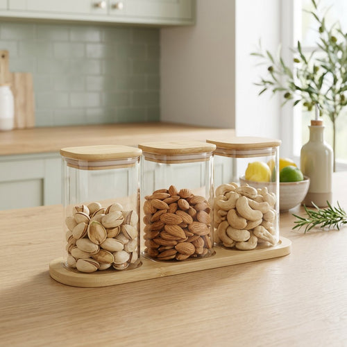 Minimalist Glass Jar Set with Natural Wooden Tray & Airtight Lids