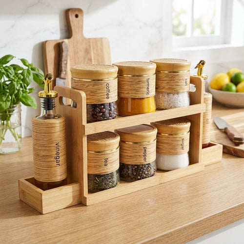 Wooden Glass Spice Jar Set with Rack 9 Piece