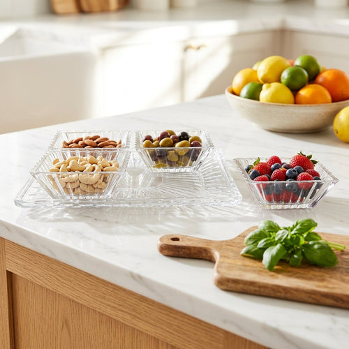 Elegant Crystal Glass Tray & Bowl Set 5 Piece