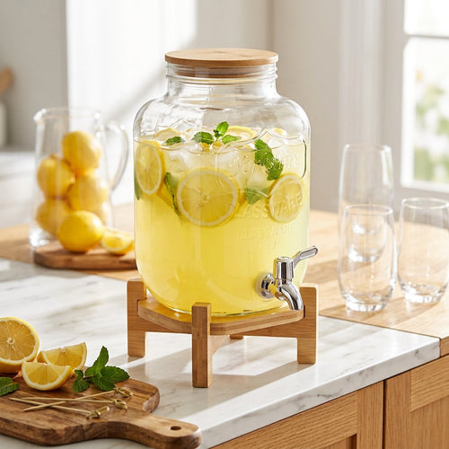 Glass Beverage Dispenser with Wooden Stand & Spigot 3.4 Litre
