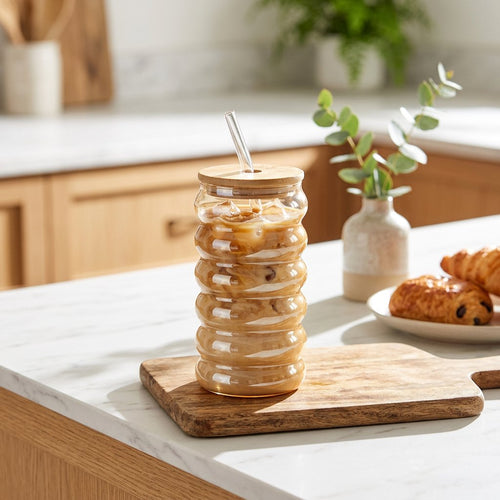 Elegant Glass Tumbler with Bamboo Lid & Glass Straw