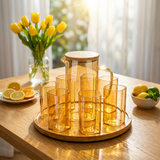 Amber Glass Pitcher Set with Revolving Wooden Tray 8 Piece