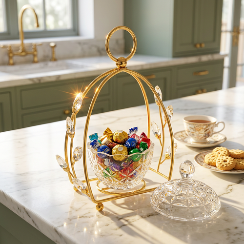 Crystal Glass Candy Jar in Gold Cage Frame