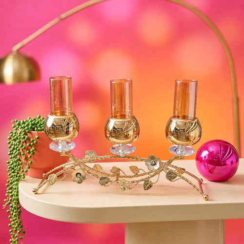 Gold Blossom Amber Glass 3 Piece Candle Holder