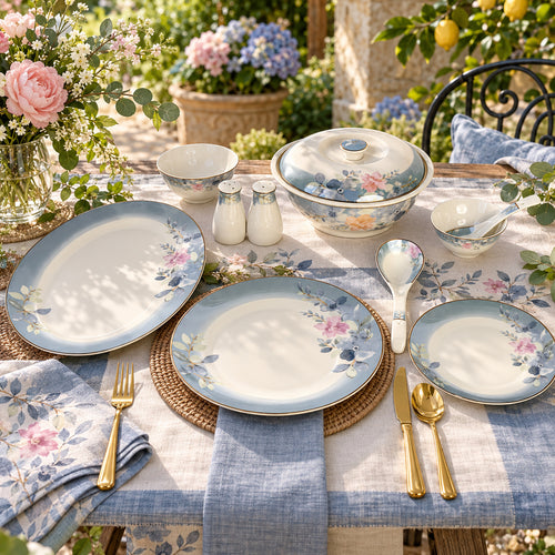 Blush & Bloom Garden — Sky Blue & Pink Floral Dinner Set 39 Pcs