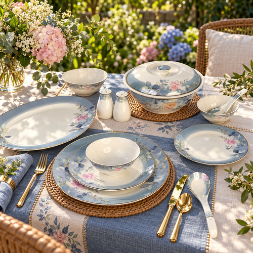 Blush & Bloom Garden — Sky Blue & Pink Floral Dinner Set 39 Pcs