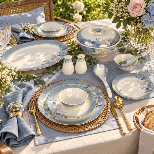 Blush & Bloom Garden — Sky Blue & Pink Floral Dinner Set 39 Pcs