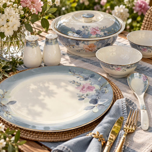 Blush & Bloom Garden — Sky Blue & Pink Floral Dinner Set 39 Pcs