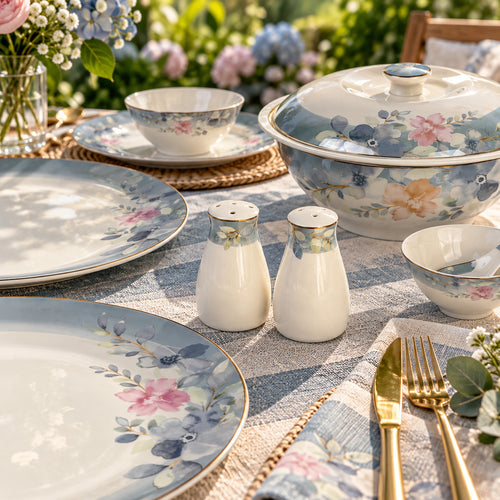 Blush & Bloom Garden — Sky Blue & Pink Floral Dinner Set 39 Pcs