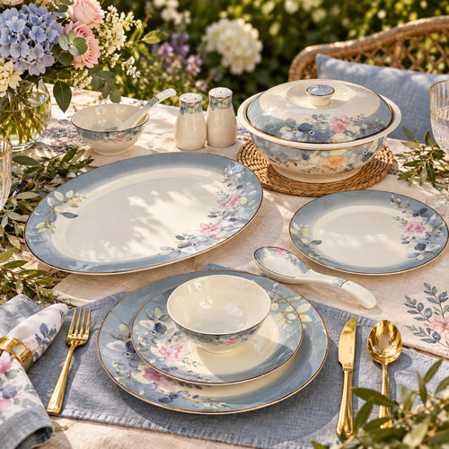 Blush & Bloom Garden — Sky Blue & Pink Floral Dinner Set 39 Pcs