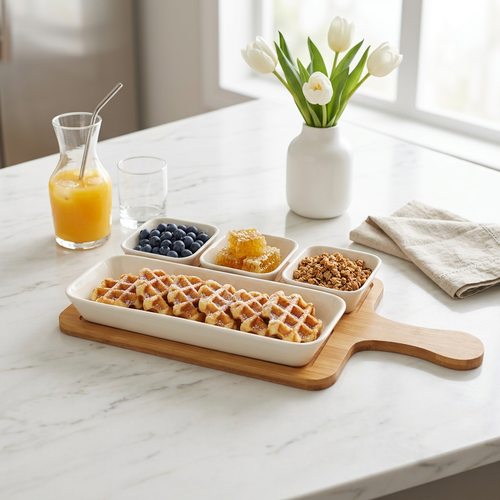 5 Piece Ceramic Bowl Set with Natural Bamboo Serving Board