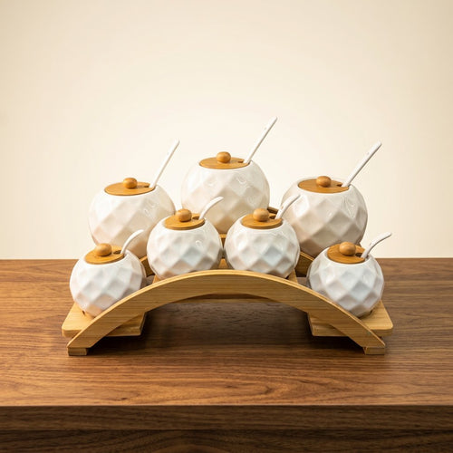 7-Piece Diamond-Textured Spice Jar Set with Wooden Arch Stand