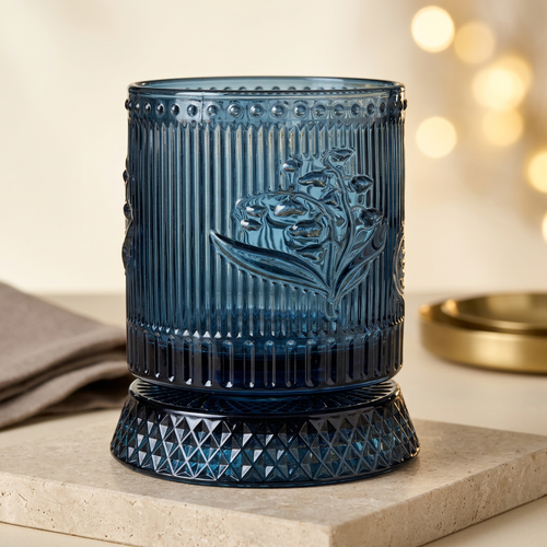 Luxury Blue Floral Embossed Rotating Glass (250 ML)