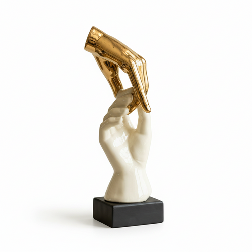 Vertical Touch Hands Sculpture in Ivory & Gold